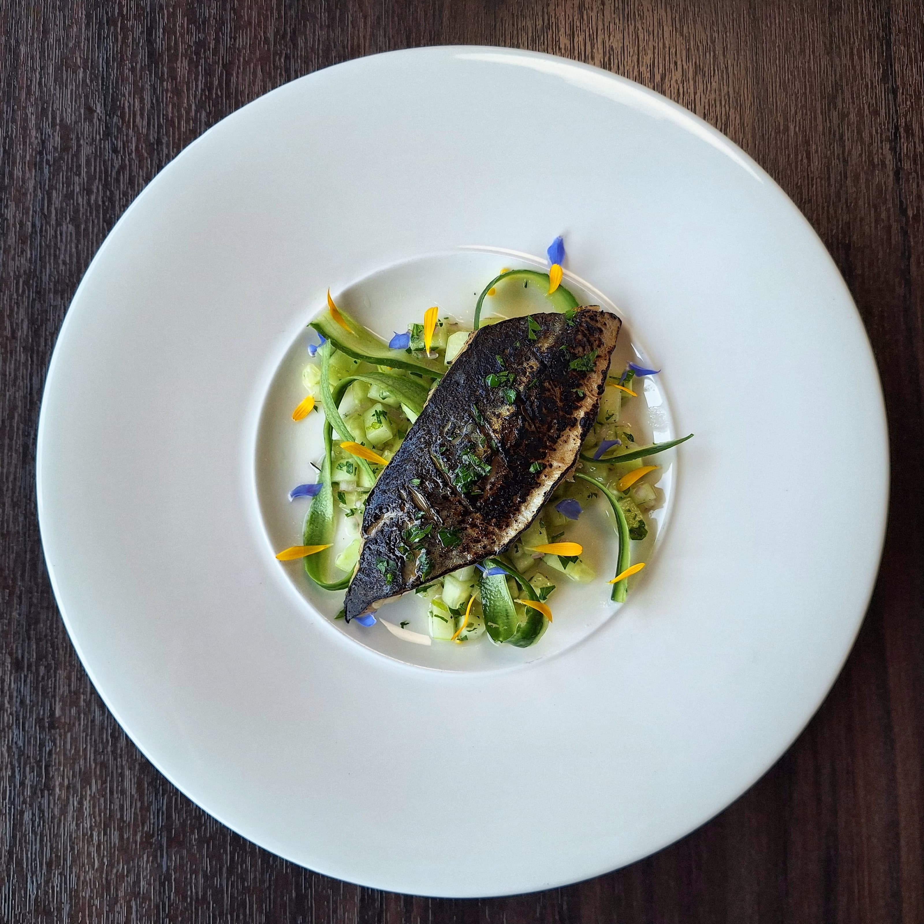 Sea Bass — courgette · flowers